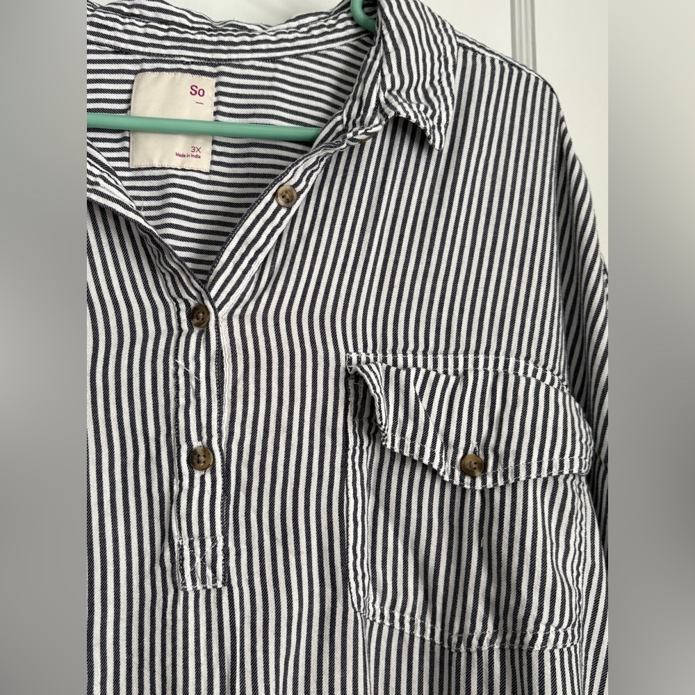 SO Striped Button Pullover Shirt Dress Black White Short Sleeve Pockets Sz: 3X - Picture 4 of 8